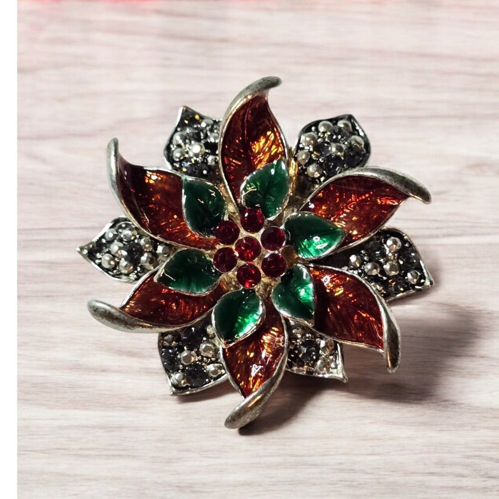 Red Green Enamel Rhinestone Flower Brooch Silver Tone 80s Holiday Pin